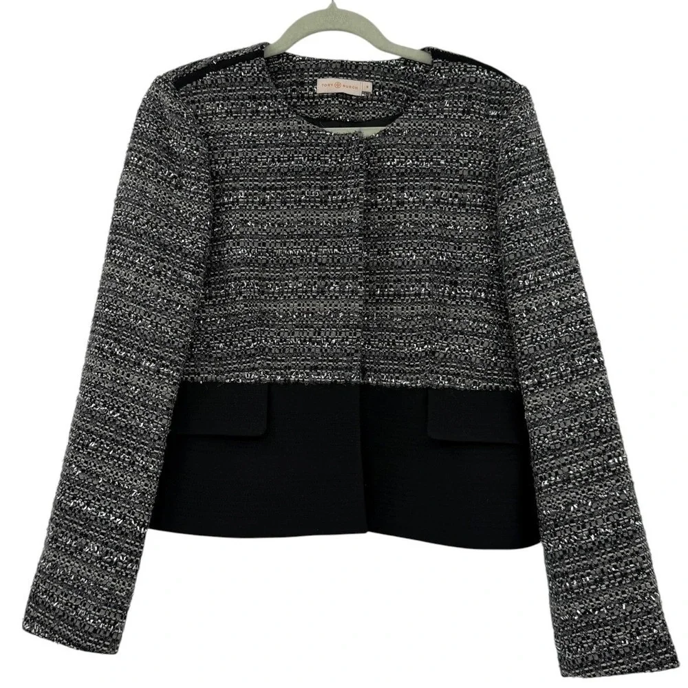 Tory Burch Metallic Tweed Mixed Media Peplum Jacket Grey Black Size 10